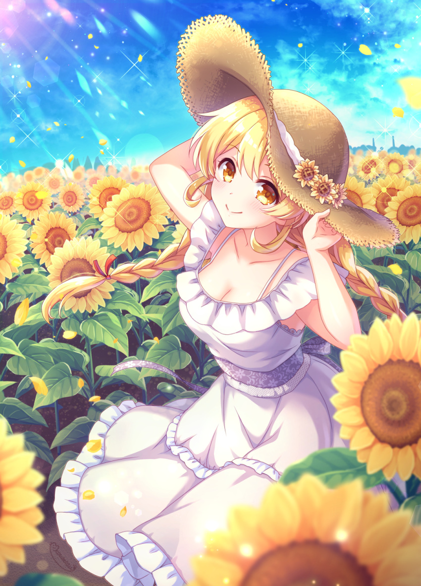 1girl blonde_hair blue_sky blurry blush borrowed_character braid breasts cleavage closed_mouth collarbone commentary_request commission depth_of_field dress feet_out_of_frame field flower flower_field frilled_dress frills hair_between_eyes hair_ribbon hands_up hat hat_flower highres kousetsu leaf long_hair looking_at_viewer low_twin_braids medium_breasts original pixiv_commission red_ribbon ribbon sidelocks sky sleeveless sleeveless_dress smile solo sparkle split_mouth standing straw_hat sundress sunflower sunflower_field sunlight twin_braids white_dress yellow_eyes