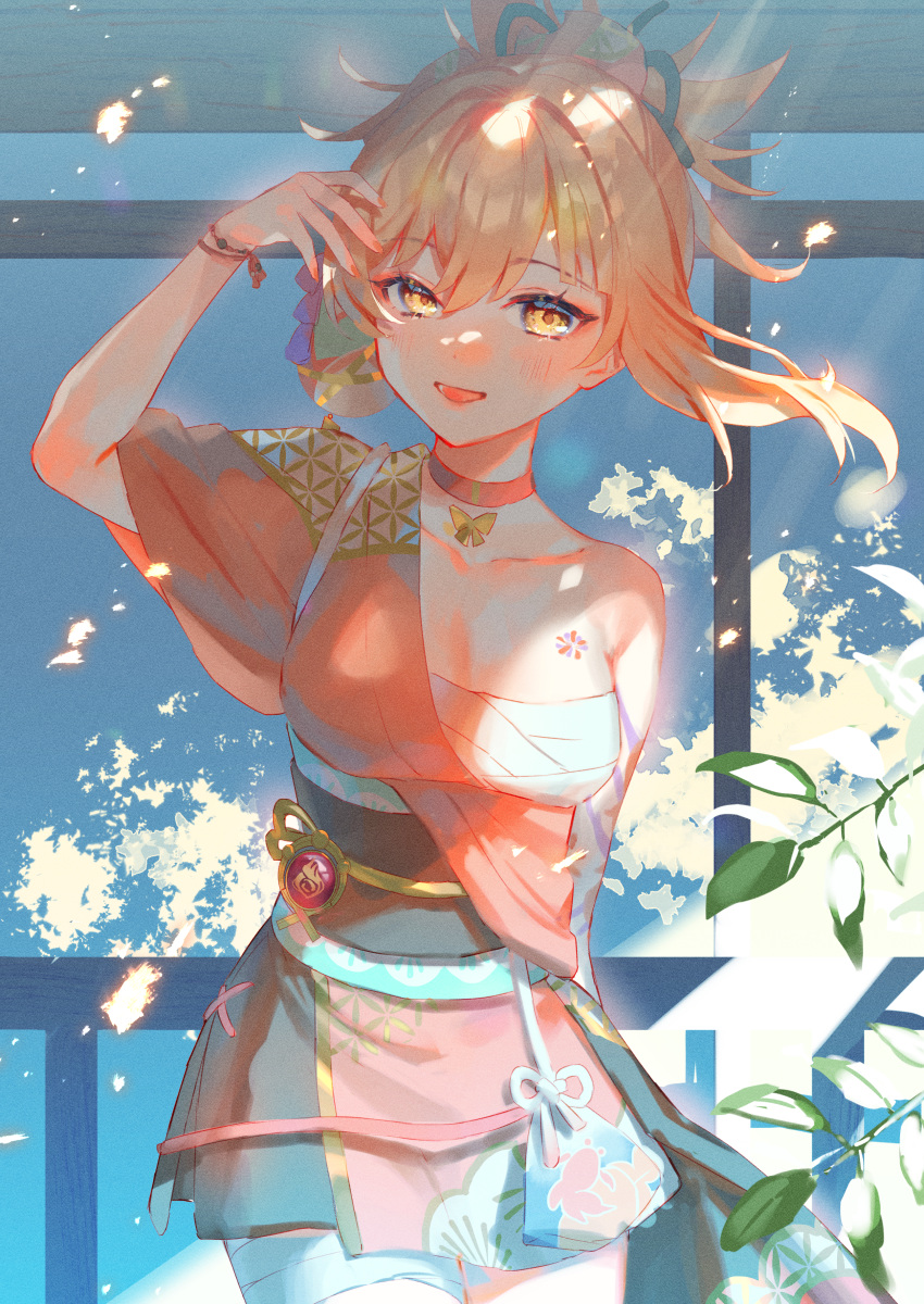 1girl :d absurdres blonde_hair bracelet breast_tattoo breasts cleavage collar collarbone cowboy_shot day genshin_impact hair_between_eyes half_updo harushio highres japanese_clothes jewelry kimono looking_at_viewer medium_breasts obi open_mouth orange_kimono outdoors red_collar sarashi sash short_kimono sidelocks smile solo standing sunlight tattoo yellow_eyes yoimiya_(genshin_impact)