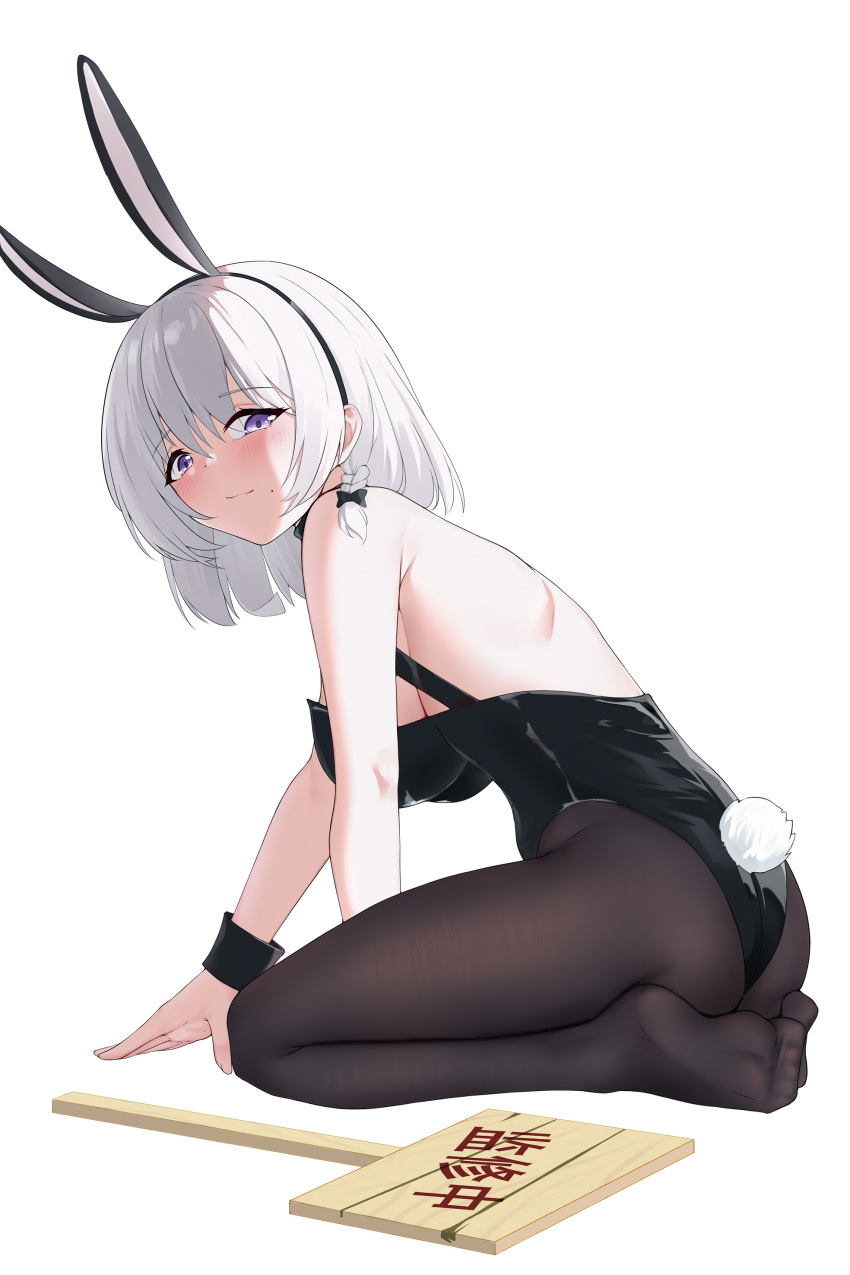 1girl absurdres animal_ears azur_lane bare_back bare_shoulders black_leotard black_pantyhose black_ribbon black_wrist_cuffs blush braid breasts closed_mouth detached_collar fake_animal_ears fake_tail from_side hair_between_eyes hair_ribbon highres large_breasts leotard looking_at_viewer mole mole_under_mouth no_shoes official_alternate_costume pantyhose playboy_bunny purple_eyes rabbit_ears rabbit_tail ribbon san_jacinto_(azur_lane) seiza short_hair sideboob sign simple_background sitting smile solo tail white_background white_hair wrist_cuffs zerotwenty_(020)