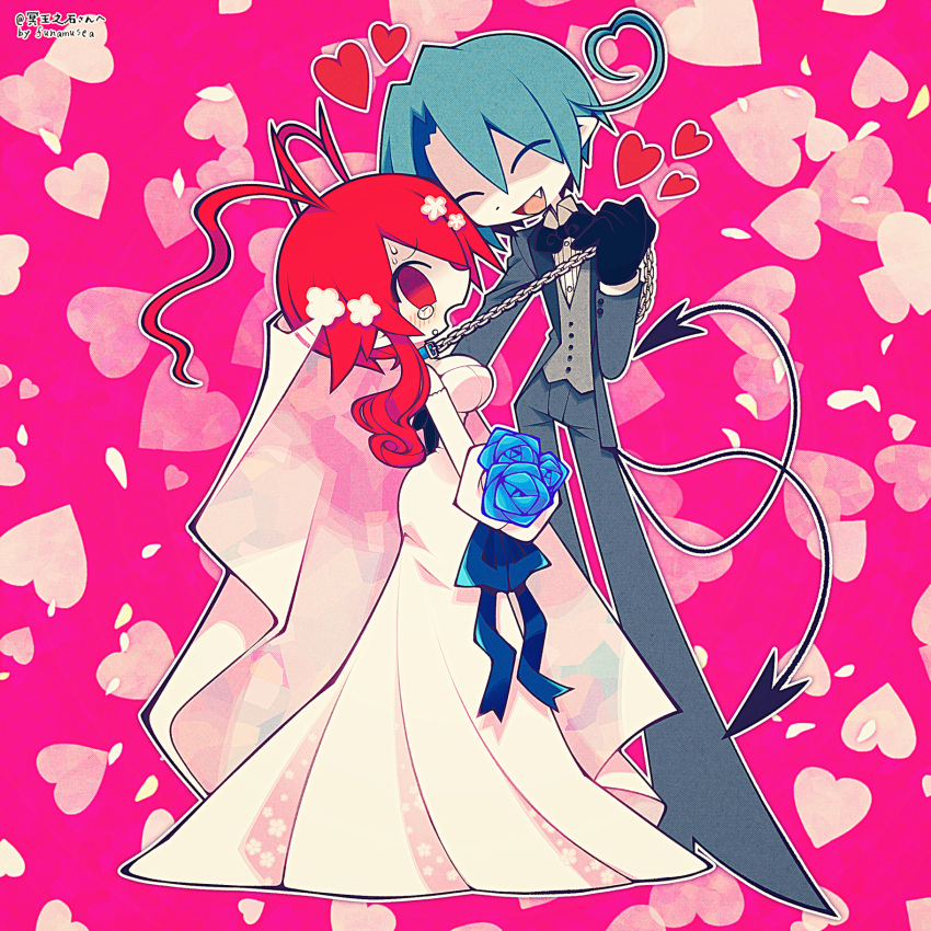 1boy 1girl ahoge antenna_hair blue_hair blue_ribbon bouquet breasts chain chain_leash cleavage collar colored_skin commission couple demon_boy demon_tail dress fang flower forced_partners funamusea funamusea_(artist) grey_suit hair_flower hair_ornament heart heart_ahoge heart_background highres hijoushiki_roc holding holding_bouquet holding_leash large_breasts leash lobco_(wadanohara) lobster_girl official_art oounabara_to_wadanohara open_mouth pink_background red_eyes red_hair ribbon short_hair single_tear skeb_commission suit tail wedding_dress white_dress white_skin