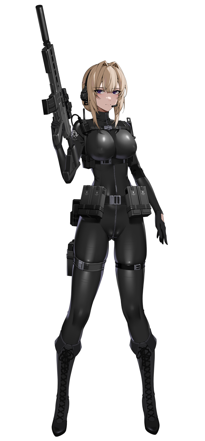 1girl absurdres black_footwear black_gloves blonde_hair bodysuit boots breasts chest_harness gloves gun harness highres holding holding_weapon impossible_clothes large_breasts latex latex_bodysuit leotard long_hair military original purple_eyes skin_tight tactical_clothes weapon wsfw