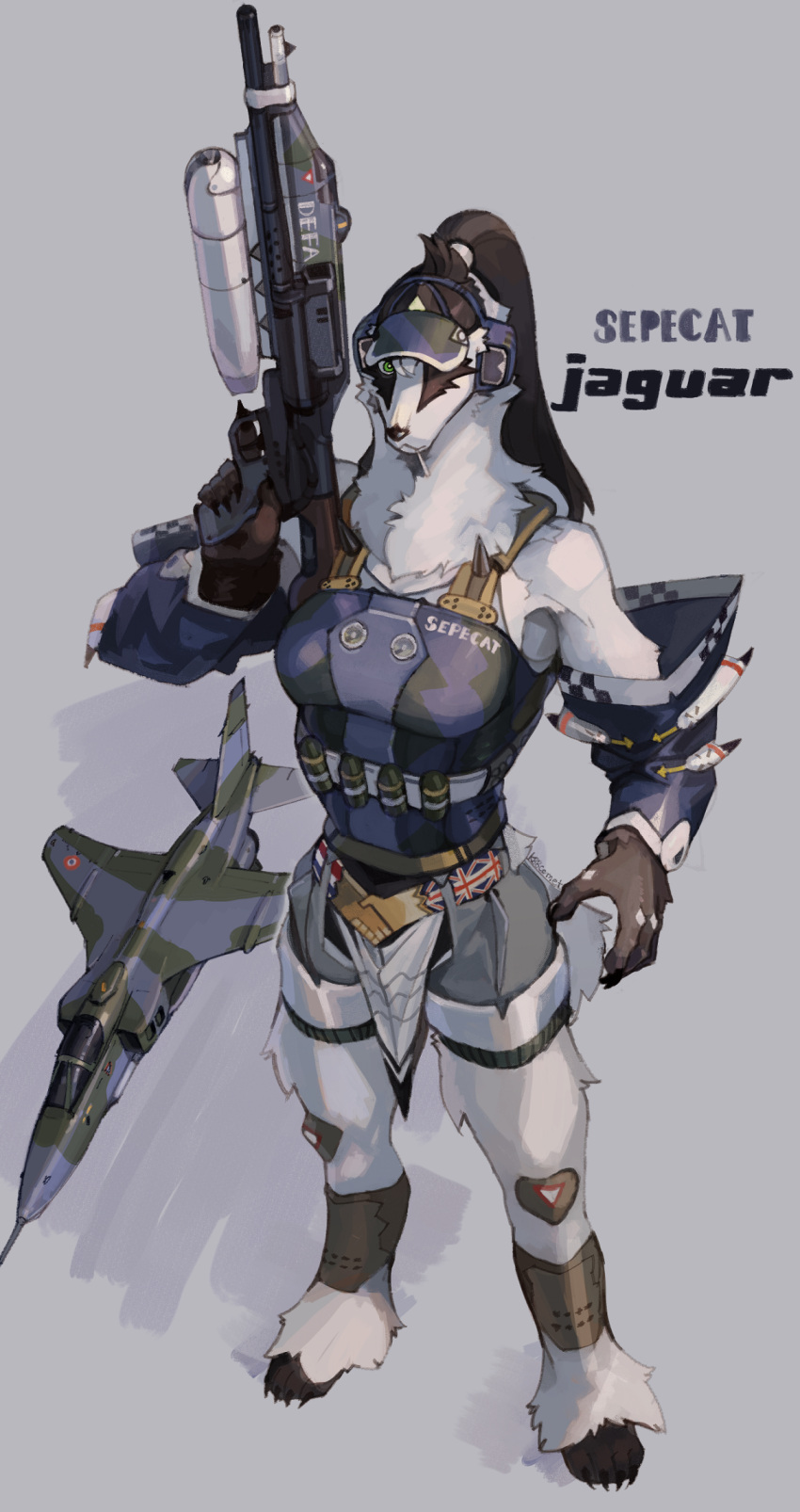 aircraft anthro badger biped breasts clothed clothing digital_media_(artwork) electronics female fluffy fur hair headphones hi_res hideki_kaneda holding_object holding_weapon looking_at_viewer mammal mustelid musteline ponytail ranged_weapon solo standing visor weapon