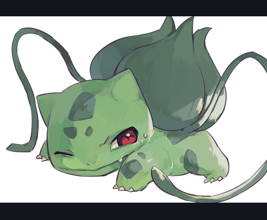 animal_focus bulbasaur claws fang furrowed_brow grimace hideko_(l33l3b) highres no_humans one_eye_closed plant pokemon pokemon_(creature) red_eyes simple_background solo sweatdrop toe_claws vines white_background