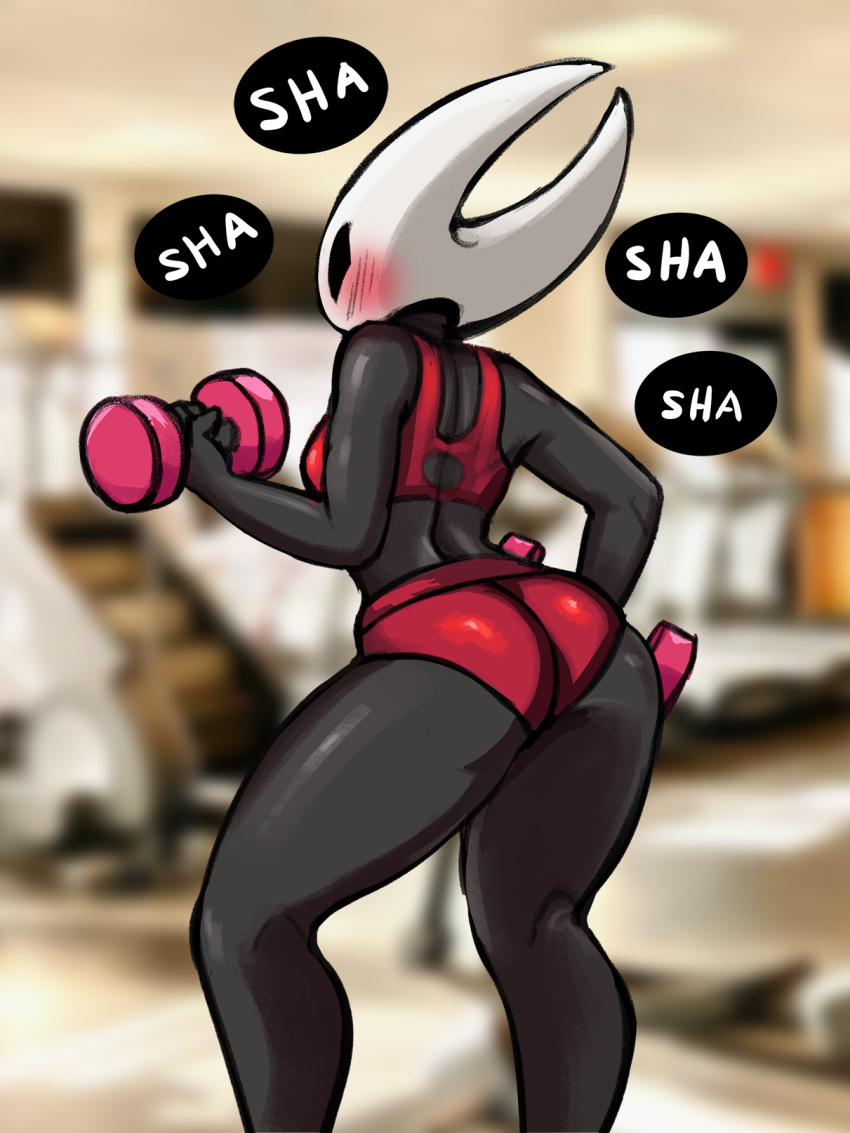 animal_humanoid arthropod arthropod_humanoid biped black_body blush breasts butt clothed clothing dumbbell exercise female hi_res hollow_knight hornet_(hollow_knight) humanoid solo speech_bubble team_cherry text thick_thighs weightlifting weights workout zelles