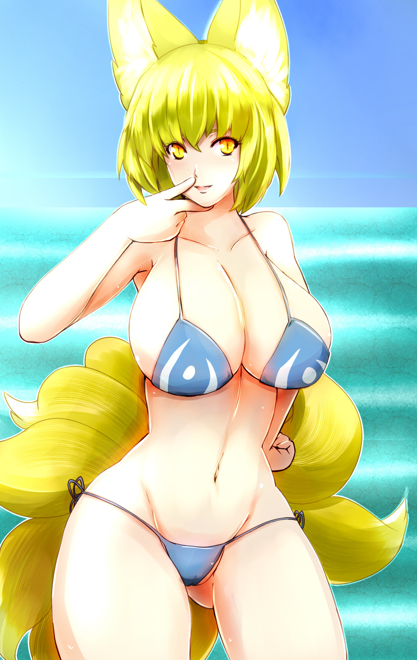 animal_ears ass_visible_through_thighs bikini blonde_hair breasts cleavage collarbone curvy dearmybrothers fox_ears fox_tail groin highres huge_breasts looking_at_viewer multiple_tails navel short_hair side-tie_bikini solo swimsuit tail touhou wide_hips yakumo_ran yellow_eyes