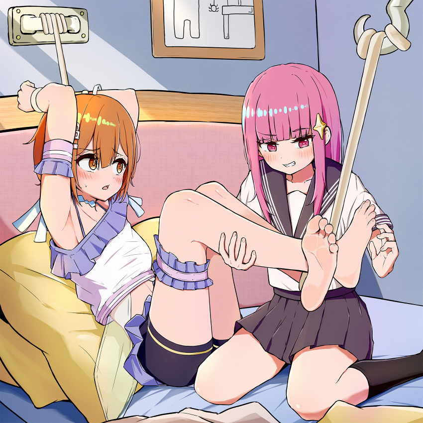 2girls barefoot black_socks foot_tickling highres holding_another's_leg multiple_girls on_bed orange_eyes orange_hair original pink_eyes pink_hair qiufengxiaose restrained sailor_collar socks soles thigh_strap tickling worried yuri