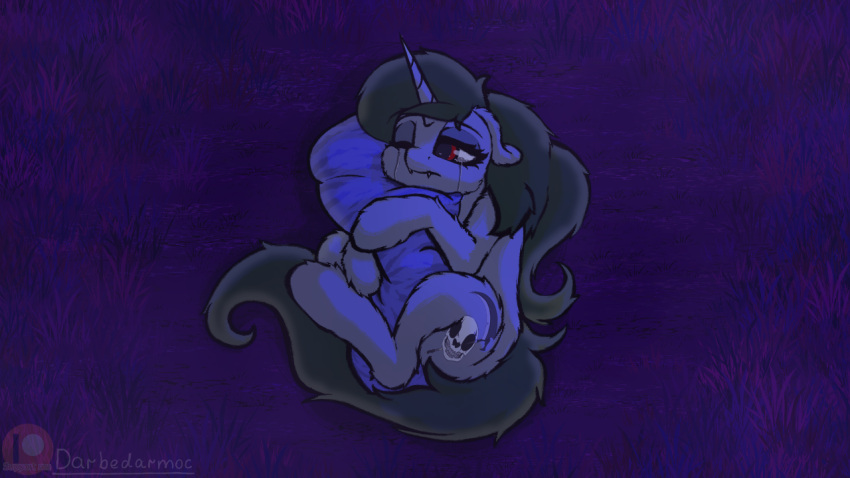 bodily_fluids crying darbedarmoc equid equine fan_character fangs female feral grass green_hair grey_body hair hasbro horn horse mammal minerva_macabre my_little_pony night one_eye_closed pillow pillow_hug plant pony sad solo tears teeth unicorn