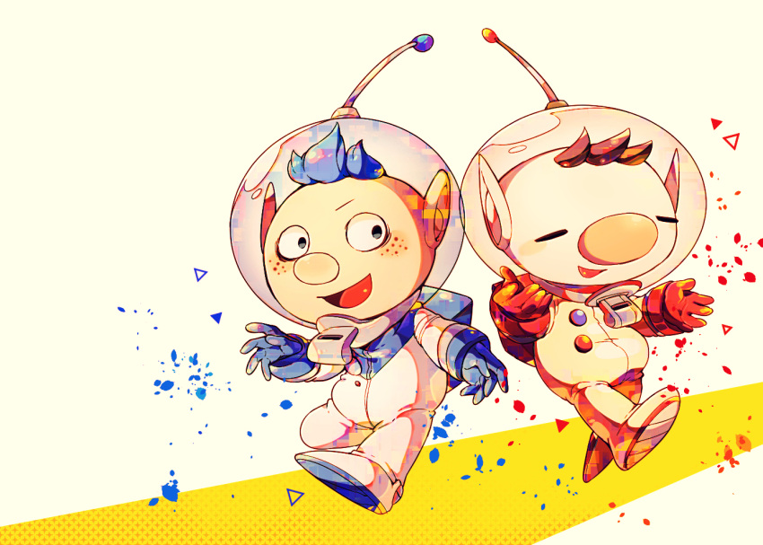 2boys alph_(pikmin) backpack bag big_nose black_eyes blue_bag blue_gloves blue_hair brown_hair buttons closed_eyes commentary_request freckles full_body gloves helmet light_blush looking_at_viewer male_focus multiple_boys olimar open_mouth outstretched_hand pale_skin petals pikmin_(series) pointy_ears radio_antenna red_bag red_gloves shirushiki short_hair smile space_helmet spacesuit triangle v-shaped_eyebrows very_short_hair whistle white_background