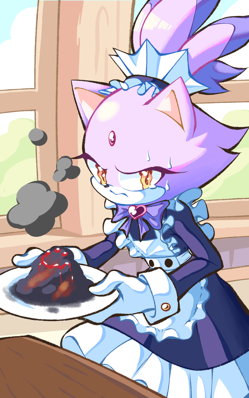 &lt;3 absurd_res anthro blaze_the_cat bodily_fluids clothing domestic_cat felid feline felis female forehead_gem hi_res holding_object maid_uniform mammal nanobutts plate sega smile smoke solo sonic_the_hedgehog_(series) sweat uniform