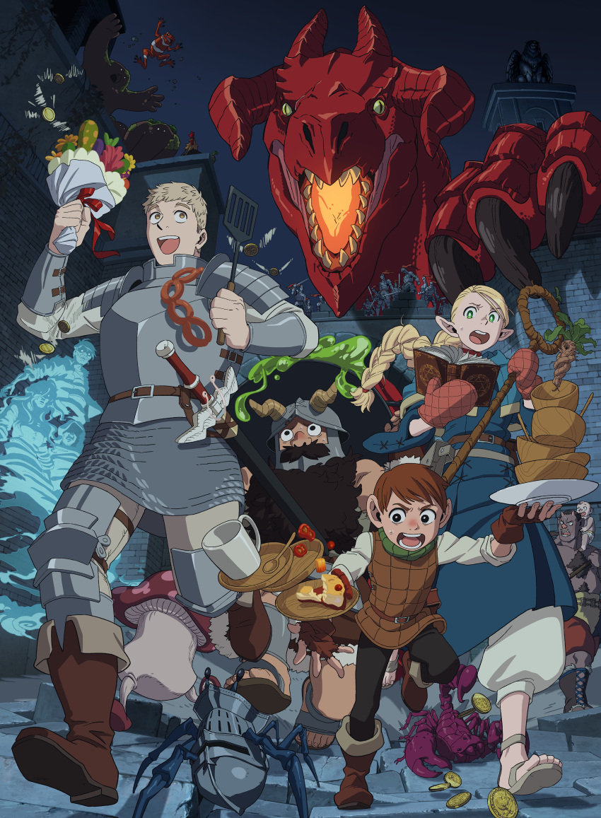 1boy 3boys absurdres armor beard bird blonde_hair book boots bouquet brown_eyes brown_hair bug chicken chilchuck cup dragon dungeon_meshi dwarf elf facial_hair fake_horns food frog ghost golem green_eyes grey_hair helmet highres horned_helmet horns key_visual laios_thorden long_hair long_sleeves marcille mittens monster mug multiple_boys mushroom mustache official_art open_mouth orc pointy_ears promotional_art running sandals sausage scorpion senshi_(dungeon_meshi) short_hair spatula sword weapon wok wooden_bowl wooden_plate