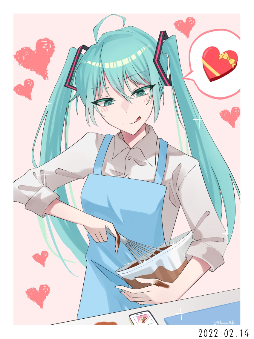 1girl absurdres ahoge apron aqua_eyes aqua_hair blue_apron border cellphone collared_shirt commentary_request cooking dress_shirt hair_between_eyes hatsune_miku heart highres holding holding_whisk long_hair outside_border phone pink_background shirt simple_background sleeves_past_elbows smartphone solo sparkle spoken_object tsukuno_tsuki twintails twitter_username valentine vocaloid whisk white_border white_shirt