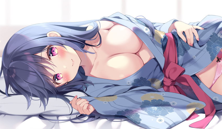 1girl bed_sheet black_hair blue_kimono blurry blurry_background blush bow bow_panties breasts cleavage closed_mouth commentary_request depth_of_field floral_print hair_between_eyes japanese_clothes kimono large_breasts long_hair long_sleeves looking_at_viewer nail_polish off_shoulder original pan_(mimi) panties pillow pinching_sleeves pink_nails pink_panties print_kimono purple_hair sleeves_past_wrists smile solo underwear uta-chan_(pan_(mimi)) wide_sleeves