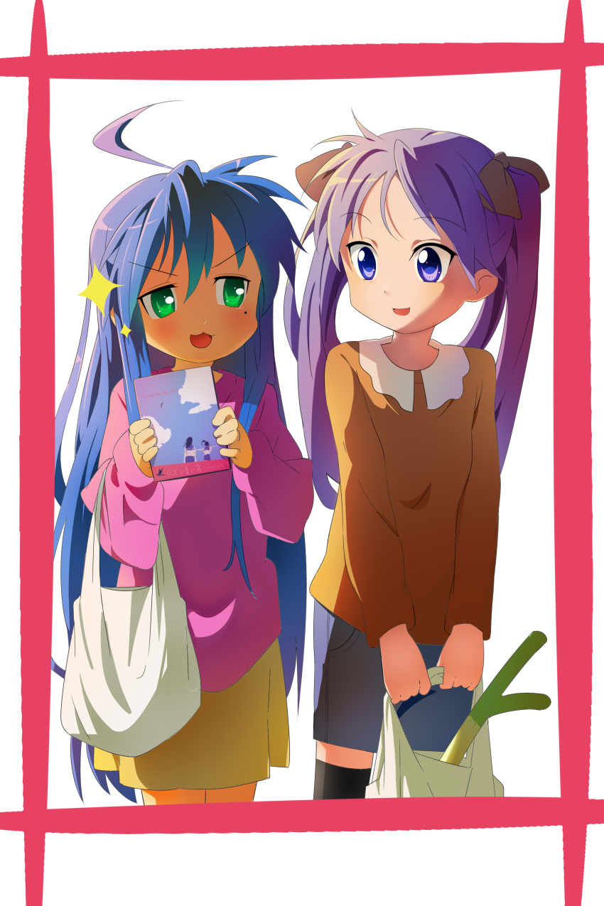 2girls :3 :d absurdres ahoge bag black_bow blue_hair blush book bow casual chinese_commentary commentary cowboy_shot friends green_eyes hair_between_eyes hair_bow highres hiiragi_kagami holding holding_bag holding_book izumi_konata long_hair looking_at_another lucky_star mogege_gk mole mole_under_eye multiple_girls open_mouth orange_shirt parted_bangs pink_sweater purple_eyes shirt shopping_bag side-by-side sidelocks simple_background smile smug sparkle standing sweater twintails v-shaped_eyebrows very_long_hair white_background