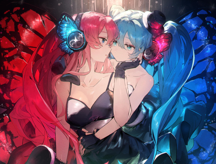 2girls black_dress black_gloves black_headwear blue_eyes blue_hair breasts butterfly_wings dress eye_contact face-to-face fingerless_gloves gloves hair_between_eyes hand_on_another's_cheek hand_on_another's_face hat hatsune_miku headphones highres hug hug_from_behind insect_wings large_breasts long_hair looking_at_another magnet_(vocaloid) megurine_luka mihoranran mini_hat mini_top_hat multiple_girls parted_lips pink_hair sleeveless sleeveless_dress strapless strapless_dress teeth top_hat twintails very_long_hair vocaloid wings yuri
