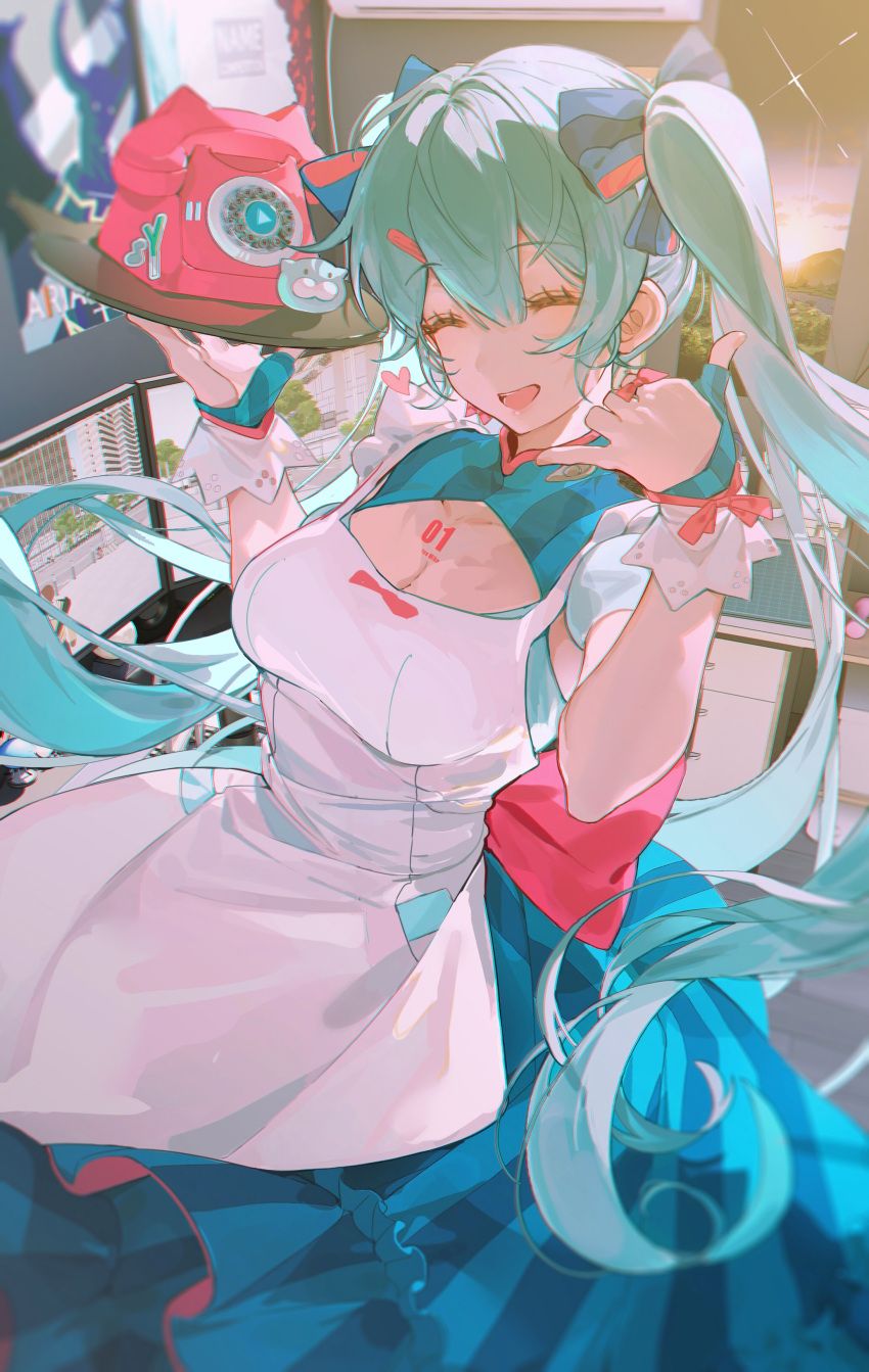 1girl absurdres antique_phone apron back_bow blue_bow bow breasts chest_tattoo cleavage cleavage_cutout closed_eyes clothing_cutout dress facing_viewer fingerless_gloves gloves green_dress green_gloves green_hair hair_between_eyes hair_bow hair_ornament hairclip hands_up hatsune_miku highres holding holding_tray long_hair medium_breasts open_mouth phone pink_bow pink_ribbon ribbon rotary_phone shaka_sign solo tattoo tray twintails very_long_hair vocaloid white_apron white_wrist_cuffs z3zz4