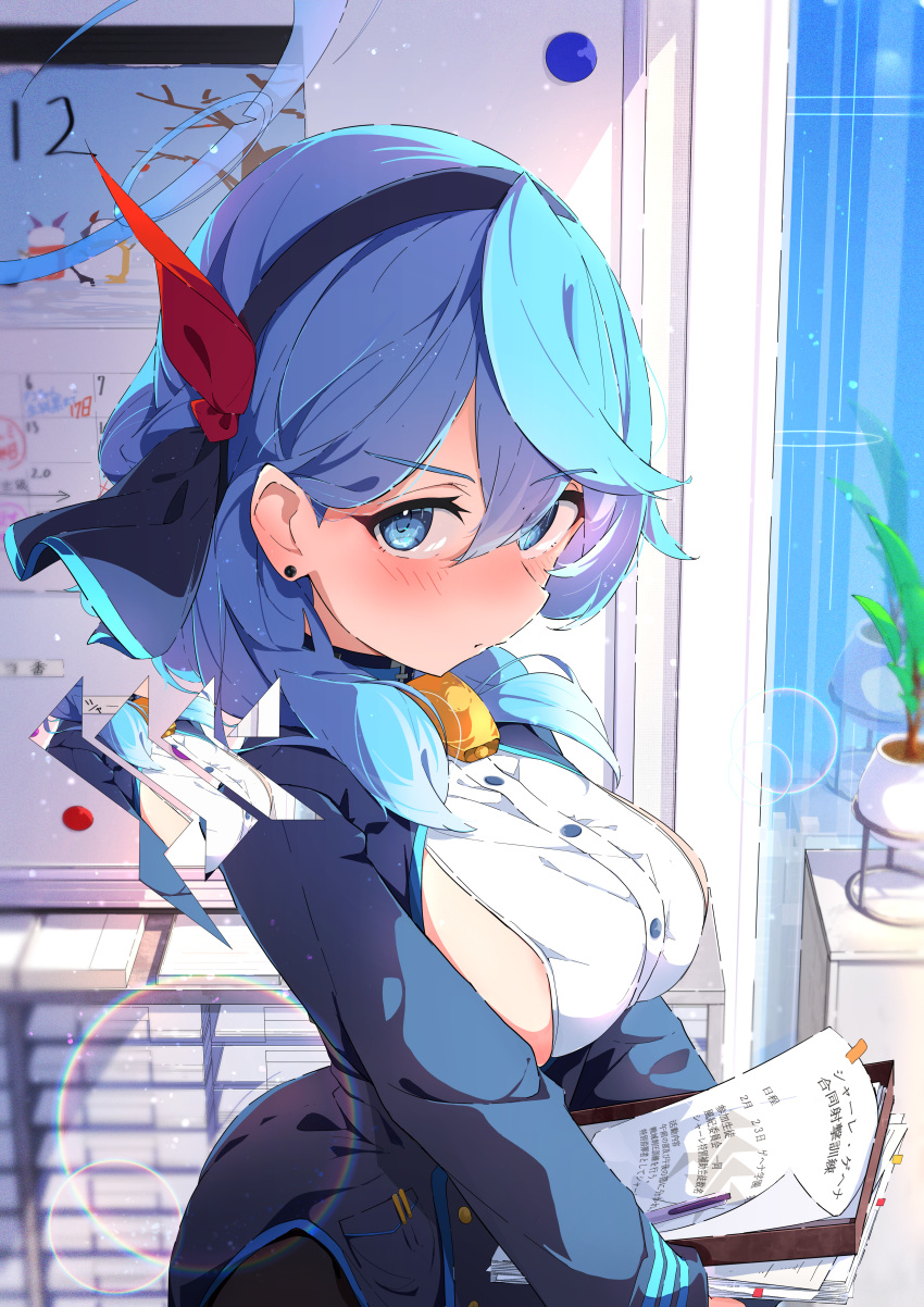 1girl absurdres ako_(blue_archive) bell black_hairband blue_archive blue_eyes blue_hair blue_jacket blush breasts calendar_(object) closed_mouth hair_between_eyes hairband highres indoors jacket large_breasts long_sleeves looking_at_viewer neck_bell paper plant potted_plant shirt sideboob solo spice_mega upper_body white_shirt