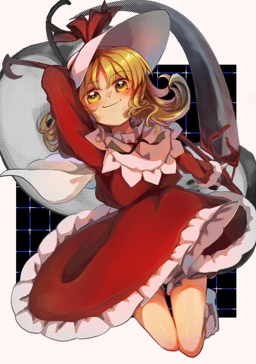 1girl arm_behind_head blonde_hair bow capelet dress elly_(touhou) frilled_dress frills hat highres long_sleeves matsukuzu red_dress ribbon scythe short_hair smile socks solo tile_background touhou touhou_(pc-98) white_capelet white_socks yellow_eyes