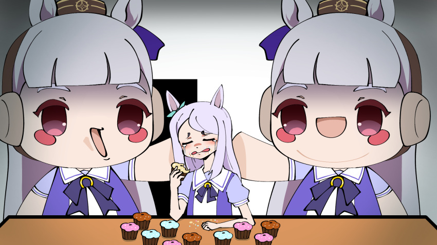 1girl 2others animal_ears aqua_bow blank_room_soup blush_stickers bow bowtie brown_headwear chinese_commentary commentary cosplay crumbs crying cupcake doorway doqute_stuffed_doll ear_bow english_commentary food gold_ship_(umamusume) grey_hair headgear highres horse_ears horse_girl indoors kigurumi long_hair mejiro_mcqueen_(umamusume) mixed-language_commentary multiple_others pillbox_hat puffy_short_sleeves puffy_sleeves purple_bow purple_bowtie purple_eyes purple_hair purple_shirt sailor_collar sailor_shirt school_uniform shirt short_sleeves sidelocks streaming_tears suigetsu_(moon) summer_uniform swept_bangs tears tracen_school_uniform troll_face umamusume white_sailor_collar