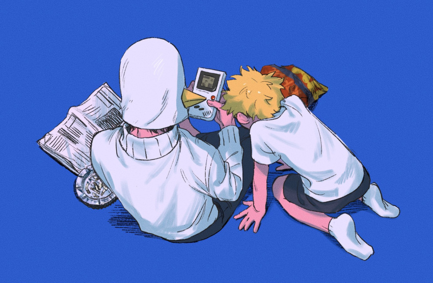 2boys aged_down all_fours ashtray bird_mask black_hair black_pants black_shorts blonde_hair chips_(food) cigarette_butt facing_away food from_above from_behind game_boy hacchi_(napoli_no_otokotachi) handheld_game_console highres holding holding_handheld_game_console indian_style long_sleeves male_focus mask multiple_boys napoli_no_otokotachi newspaper pants playing_games potato_chips shirt short_hair shorts sitting socks sugiru_(napoli_no_otokotachi) sweater turtleneck turtleneck_sweater ujimoto video_game watching white_shirt white_socks white_sweater