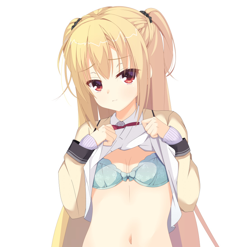 1girl absurdres aqua_bra arihara_nanami blonde_hair bow bowtie bra breasts cleavage closed_mouth clothes_lift commentary curvy eyelashes eyes_visible_through_hair floral_print frown hair_between_eyes hands_up highres jacket kaon_zz lifted_by_self long_hair long_sleeves looking_at_viewer medium_breasts navel presenting_breasts red_bow red_bowtie red_eyes riddle_joker school_uniform shirt shirt_lift shy simple_background sleeves_past_wrists solo straight_hair two_side_up underwear upper_body very_long_hair white_background white_shirt yellow_jacket