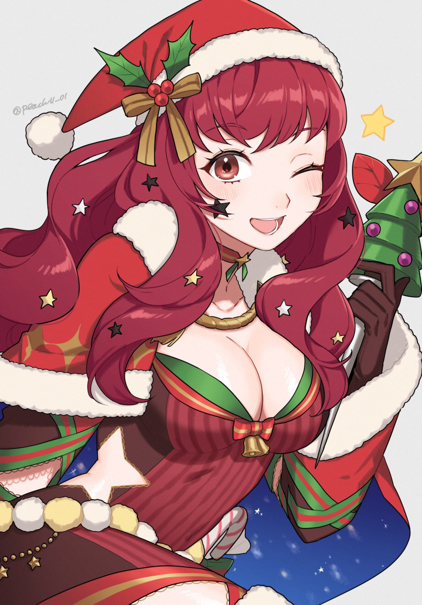 1girl blue_cape bodysuit breasts brown_gloves candy candy_cane cape christmas facial_mark fire_emblem fire_emblem_engage fire_emblem_heroes food gloves hair_ornament hat highres holding holding_sack holly_hair_ornament ice_pick large_breasts looking_at_viewer mistletoe_hair_ornament multicolored_cape multicolored_clothes official_alternate_costume one_eye_closed peach11_01 pectorals red_bodysuit red_cape red_eyes red_hair sack santa_hat star_(symbol) star_facial_mark star_hair_ornament star_print two-tone_cape yunaka_(fire_emblem) yunaka_(fire_emblem)_(spirited_envoy)