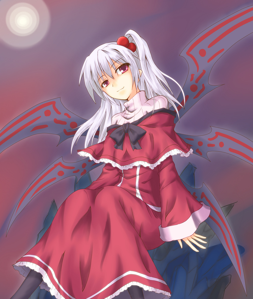 absurdres albino black_legwear capelet dress hair_bobbles hair_ornament highres long_hair pantyhose purple_background red_capelet red_dress red_eyes rock shawl shinki shintani_masaki side_ponytail silver_hair sitting smile solo touhou touhou_(pc-98) wings