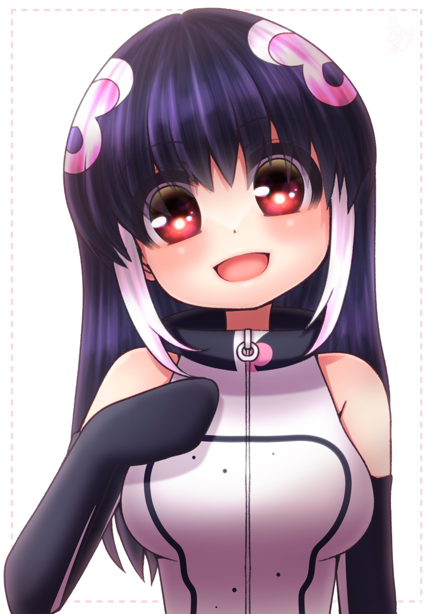 1girl absurdres african_penguin_(kemono_friends) bare_shoulders black_hair elbow_gloves gloves highres hikarikmy hood hoodie kemono_friends kemono_friends_v_project long_hair looking_at_viewer multicolored_hair penguin_girl pink_hair red_eyes simple_background sleeveless smile solo straight_hair upper_body virtual_youtuber white_hair zipper