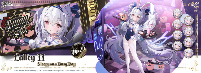 1girl animal_ears artist_request ass azur_lane blue_hairband blue_leotard blush bow breasts character_name checkered_floor copyright_name detached_collar english_text expressions fake_animal_ears fake_tail hair_between_eyes hair_ornament hairband highres holding holding_tray laffey_(azur_lane) laffey_ii_(azur_lane) laffey_ii_(sleepy_on_a_busy_day)_(azur_lane) leotard long_hair looking_at_viewer looking_back official_alternate_costume official_art pantyhose parted_lips playboy_bunny promotional_art rabbit_ears rabbit_tail red_eyes revision ribbon second-party_source solo standing strapless strapless_leotard tail thighband_pantyhose thighhighs thighs tray twintails very_long_hair white_hair white_pantyhose wrist_cuffs