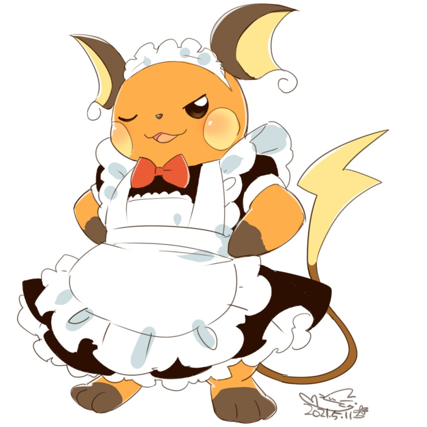 2021 ambiguous_gender anthro apron barefoot cheek_spots clothed clothing colored_sketch cotora dress featureless_hands feet frilly frilly_clothing frilly_dress front_view full-length_portrait fully_clothed generation_1_pokemon gloves_(marking) hands_on_hips hi_res looking_at_viewer maid_apron maid_headdress maid_uniform mammal markings necktie nintendo one_eye_closed open_mouth open_smile pokemon pokemon_(species) portrait pose raichu raised_tail red_necktie rodent simple_background sketch smile solo tail toeless_(marking) uniform white_apron white_background wink winking_at_viewer