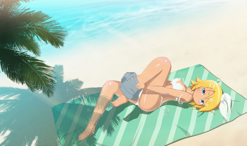 beach bikini blonde_hair blue_eyes day hair_ornament hair_ribbon hairclip kagamine_rin looking_at_viewer outdoors ribbon short_hair smile solo strap_slip swimsuit tadahama tan tanline undressing vocaloid