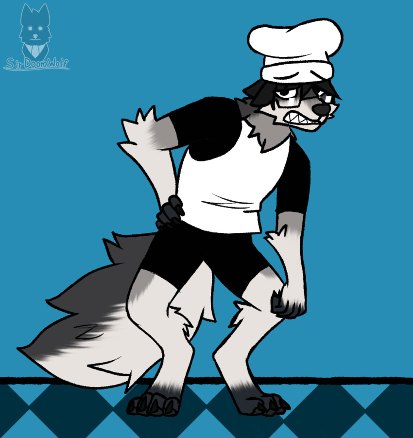 animated anthro black_body black_eyes black_fur black_nose canid canine canis cheek_tuft chef chef_hat clothing digital_drawing_(artwork) digital_media_(artwork) eyewear facial_tuft fan_character fangs fluffy fluffy_arms fluffy_legs fluffy_tail fur glasses grey_body grey_fur hat headgear headwear hi_res male mammal narrowed_eyes neck_tuft shirt short_pants short_sleeved_shirt short_sleeves simple_background sirdoomwolf solo t-shirt tail teeth tired tired_expression tired_eyes tired_look topwear tuft void_(sirdoomwolf) white_body white_fur wolf