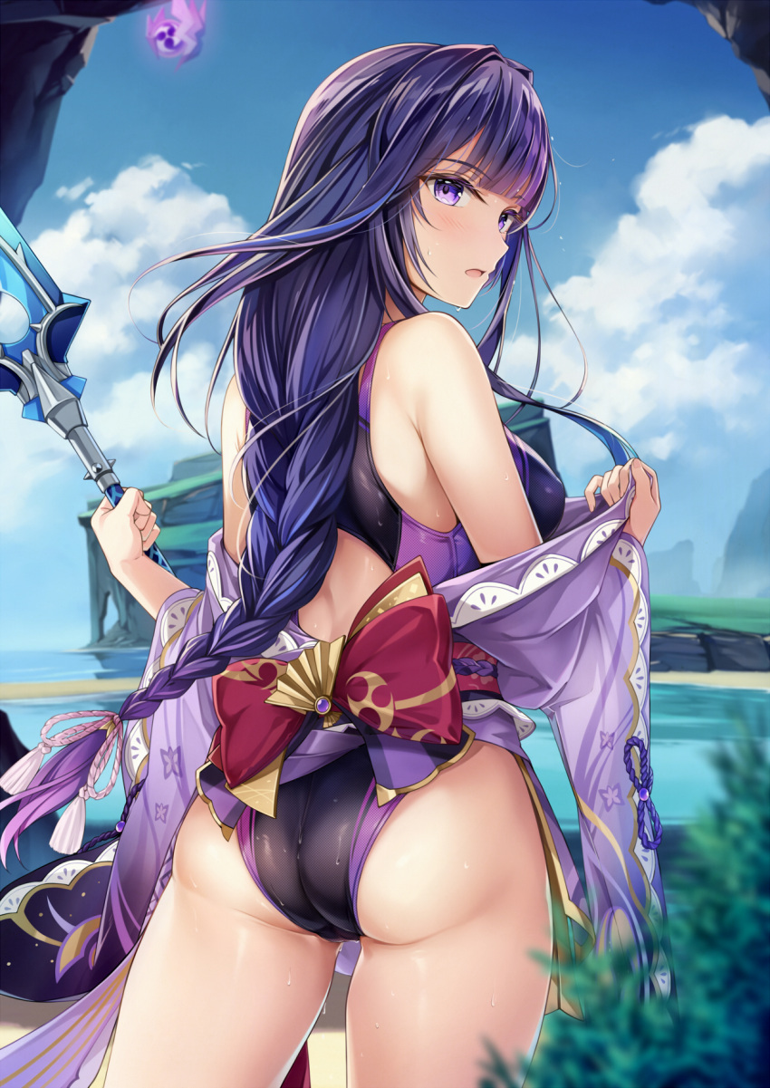 1girl ass beach black_one-piece_swimsuit blue_sky braid braided_ponytail breasts competition_swimsuit day from_behind genshin_impact highres japanese_clothes kimono large_breasts long_hair looking_at_viewer mitsudomoe_(shape) mole mole_under_eye obi one-piece_swimsuit outdoors purple_eyes purple_hair purple_kimono purple_one-piece_swimsuit raiden_shogun sash sky solo standing swimsuit tomoe_(symbol) two-tone_swimsuit very_long_hair wet wide_sleeves yokaze_japan