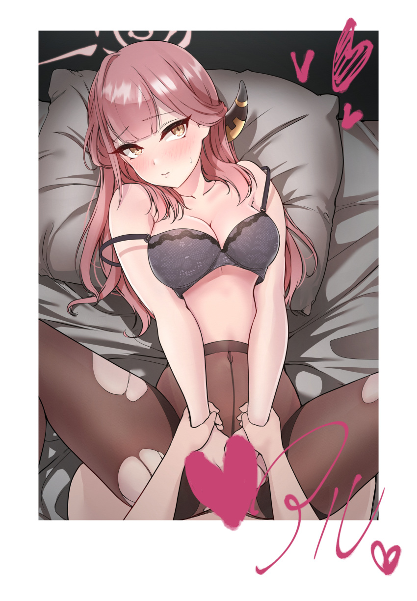 1boy 1girl absurdres aru_(blue_archive) bed_sheet black_bra blue_archive blush bra breasts brown_pantyhose censored character_name cleavage collarbone demon_horns halo heart heart_censor highres holding_another's_wrist horns implied_sex medium_breasts missionary murabito_c navel pantyhose photo_(object) pillow pink_hair solo_focus spread_legs stomach strap_slip sweat torn_clothes torn_pantyhose underwear