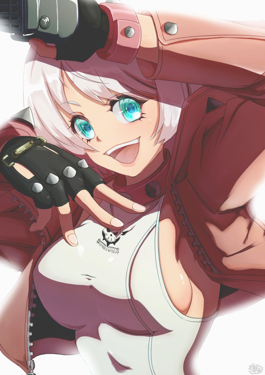 1girl ahoge black_gloves bracelet breasts collar elphelt_valentine fingerless_gloves gloves green_eyes guilty_gear guilty_gear_strive hairband highres holding holding_microphone huge_ahoge jacket jewelry large_breasts looking_at_viewer microphone open_mouth pink_jacket short_hair sideboob smile spiked_bracelet spiked_collar spiked_hairband spikes upper_body white_hair zouni_(xavier)