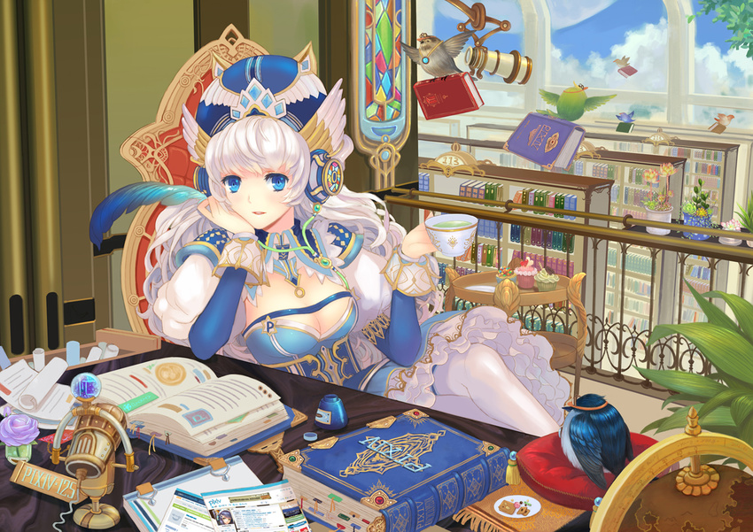 arm_support bird blue_eyes book bookmark bookshelf breasts carrying chair cloud crossed_legs cup cupcake day desk dress fantasy flower flower_pot food globe hat headphones inkwell large_breasts long_hair pillow pixiv pixiv-tan quill sitting sky stained_glass tea teacup telescope thighhighs white_hair white_legwear yang_yang_(tigu)