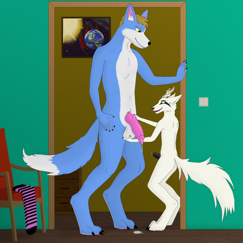 anthro black_penis blonde_hair blue_body bodily_fluids canid canine canis chair cum cum_drip doorframe doorway dripping duo floor fur furniture genital_fluids genitals hair hand_on_penis hi_res hybrid leaning leaning_on_hand leaning_on_object male male/male mammal painting_(object) penis pink_penis precum precum_drip shaded simple_shading size_difference smile standing szneqz white_body wolf wood wood_floor
