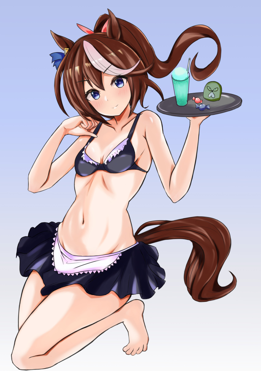 1girl alternate_costume animal_ears bare_shoulders barefoot bikini bikini_skirt blue_eyes blush bow breasts brown_hair candy closed_mouth collarbone commentary_request cup drinking_straw ear_ornament food foot_out_of_frame gradient_background hair_between_eyes highres holding holding_tray horse_ears horse_girl horse_tail long_hair looking_at_viewer maid maid_bikini multicolored_hair navel pink_bow small_breasts smile solo streaked_hair swimsuit tail tokai_teio_(umamusume) tray umamusume unconventional_maid vandy76 white_hair
