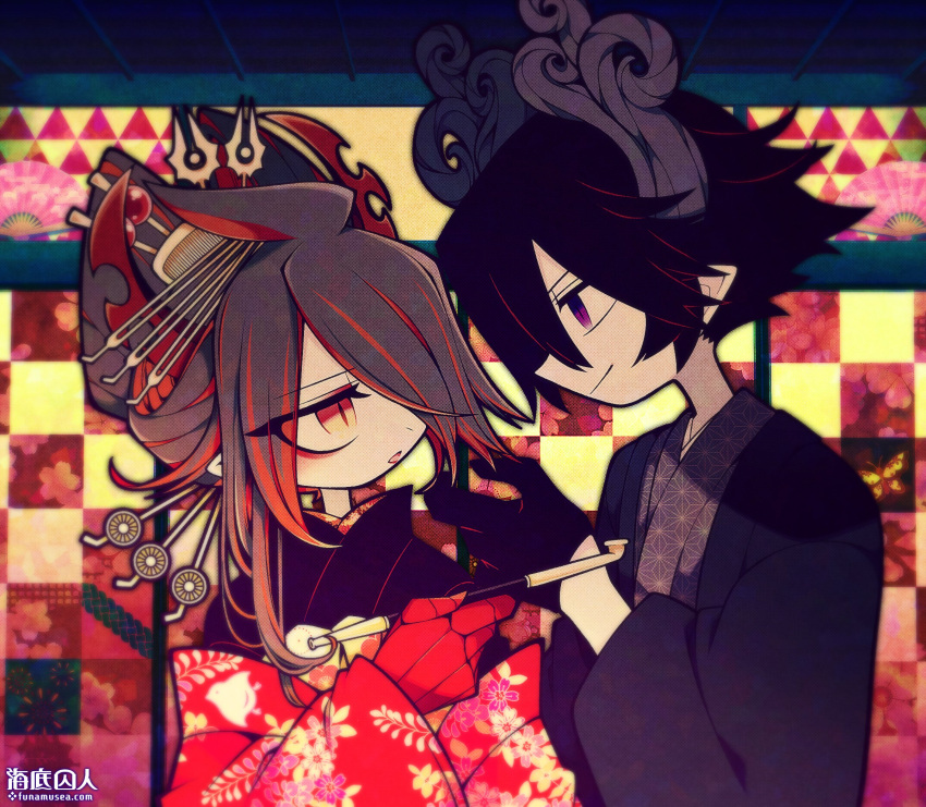 2boys artist_name black_hair commission couple crossdressing demon_boy demon_horns eyeshadow floral_print funamusea geisha haiiro_teien hair_ornament headdress highres holding horns ivlis_(haiiro_teien) japanese_clothes kimono looking_at_another makeup male_focus mogeko_(okegom) multicolored_hair multiple_boys official_art otoko_no_ko purple_eyes red_eyes red_eyeshadow red_hair red_kimono red_lips satanick_(funamusea) skeb_commission two-tone_hair yaoi