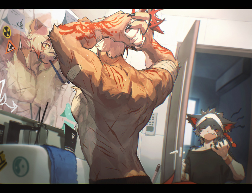 2boys aak_(arknights) abs absurdres animal_ears arknights bandaged_arm bandages bandaid bandaid_on_arm bandaid_on_face bara bathroom braid colored_sclera fang furry furry_male headband highres holding_hair_tie hung_(arknights) looking_at_another looking_at_self male_focus multiple_boys multiple_scars mythological_creature one_eye_closed open_mouth pectorals red_shirt scar shirt sink sticker tail toothbrush_in_mouth topless_male tying_hair white_headband xiao_(creation0528) yawning yellow_sclera yellow_wristband