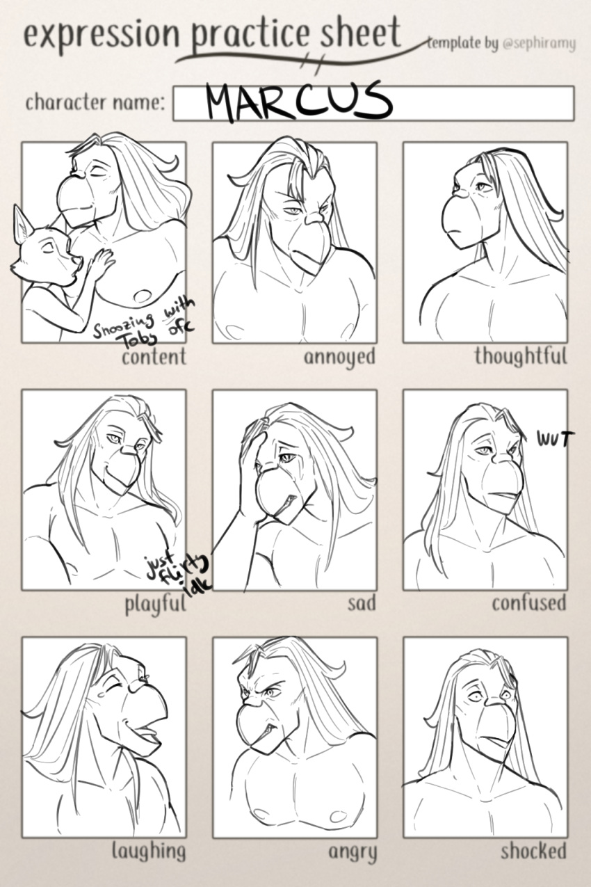 2023 angry anthro avian beak canid canine cere_(anatomy) english_text eyes_closed fur gryphon hair hand_on_chest hi_res mammal marcus_(thehades) mythological_avian mythology open_beak open_mouth pecs text thehades tobias_(thehades) tongue