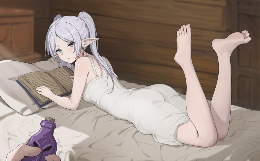 1girl ass barefoot cbmus closed_mouth dress earrings elf frieren green_eyes grey_hair jewelry long_hair looking_at_viewer on_bed parted_bangs pointy_ears pov pov_hands soles solo sousou_no_frieren toes twintails white_dress