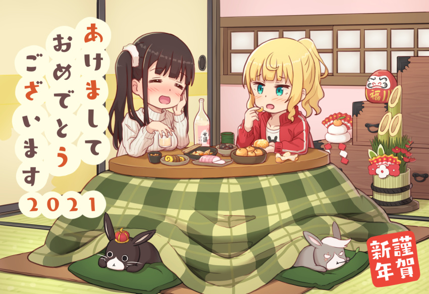 2021 2girls anko_(gochiusa) aqua_eyes bamboo blunt_bangs blush bottle bowl breasts chest_of_drawers chopsticks closed_eyes collarbone commentary crown cup daruma_doll flower food fruit glass gochuumon_wa_usagi_desu_ka? hair_ornament hair_scrunchie happy_new_year holding holding_cup holding_food indoors jacket kagami_mochi kirima_syaro kotatsu long_sleeves looking_at_viewer mandarin_orange medium_breasts mini_crown mohei multiple_girls nengajou new_year open_clothes open_jacket open_mouth orange_peel plaid plate ponytail rabbit red_jacket ribbed_sweater scar scrunchie shirt short_hair shouji side_ponytail sidelocks sitting sliding_doors small_breasts smile sweater table tatami track_jacket turtleneck turtleneck_sweater ujimatsu_chiya under_kotatsu under_table wavy_hair white_scrunchie white_shirt white_sweater wild_geese yunomi