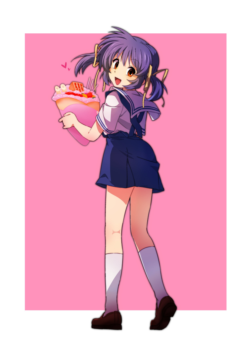 1girl :d absurdres blue_hair blue_skirt blush brown_footwear clannad commentary crepe food full_body hair_between_eyes hair_ribbon hands_up happy head_tilt heart high-waist_skirt highres hikarizaka_private_high_school_uniform holding holding_food kneehighs loafers looking_at_viewer looking_back medium_hair mogege_gk open_mouth orange_eyes pink_background ribbon sailor_collar school_uniform serafuku shirt shoes short_sleeves sidelocks simple_background skirt smile socks solo standing summer_uniform sunohara_mei suspender_skirt suspenders tareme twintails white_background white_sailor_collar white_shirt white_socks yellow_ribbon