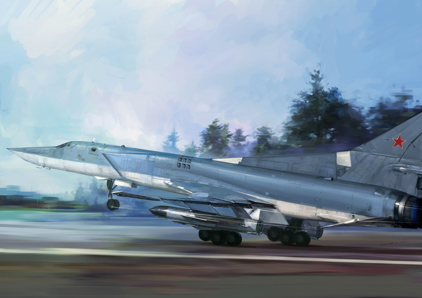 airplane bomb bomber forest highres hjl jet landing_gear military military_vehicle nature no_humans original photorealistic runway star taking_off tree tu-22m