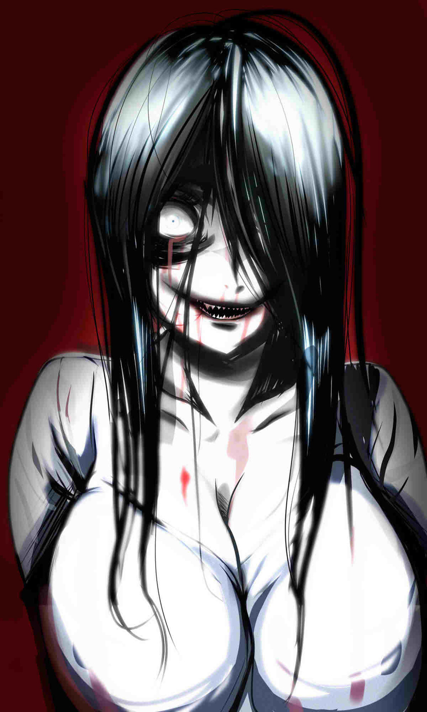 1girl black_hair blood breasts cleavage creepy hair_over_one_eye highres huge_breasts kloah long_hair monster monster_girl nightmare_fuel open_mouth pale_skin scary solo teeth white_iris white_pupils zombie
