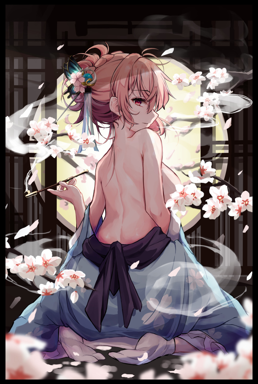 1girl absurdres back bare_back black_border blurry border breasts cherry_blossoms convenient_censoring cup depth_of_field flower from_behind highres hira-san huge_breasts japanese_clothes kimono letterboxed light_smile looking_back oiran petals pillarboxed pink_hair profile revision saigyouji_yuyuko shoulder_blades sideboob sideways_mouth sitting solo tabi touhou