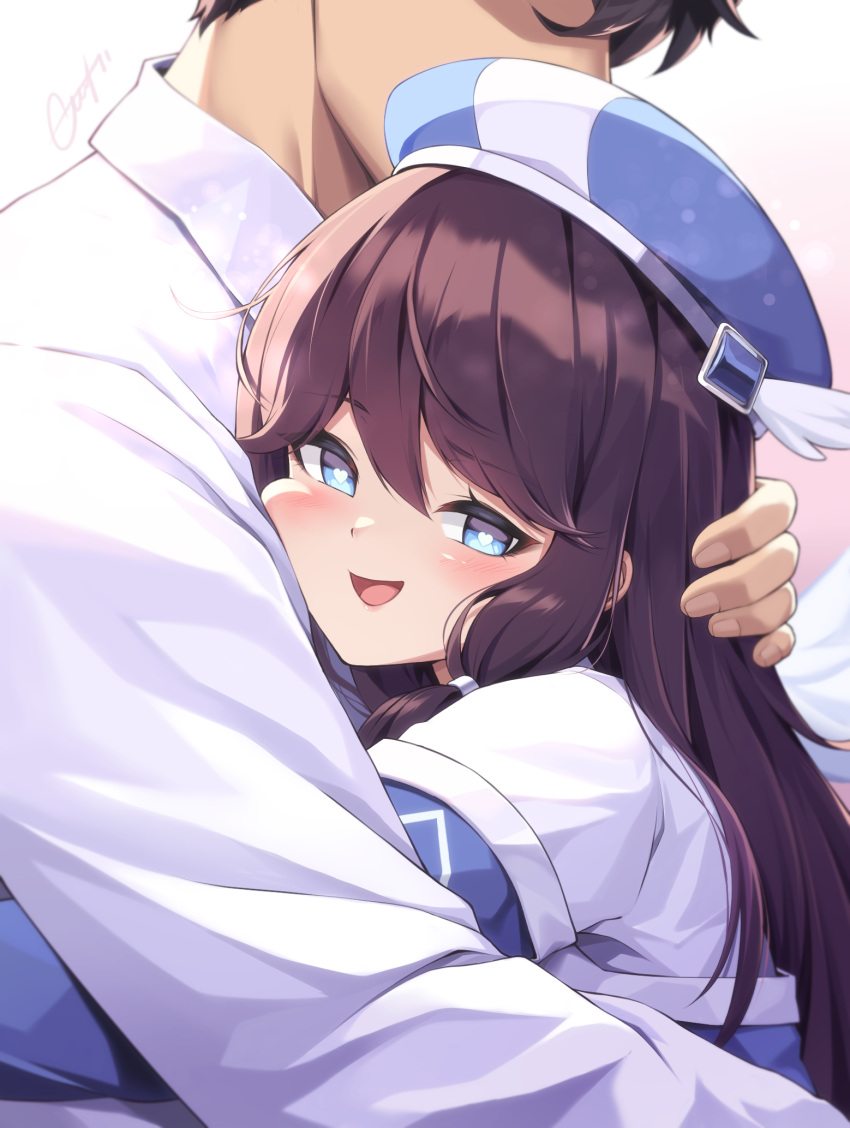 1boy 1girl :d beret bloody0rabby blue_eyes blue_headwear blue_jacket blush brown_hair character_request collared_shirt hair_between_eyes hat heart heart-shaped_pupils highres hug jacket long_sleeves looking_at_viewer off_shoulder shirt smile symbol-shaped_pupils trickcal upper_body white_shirt