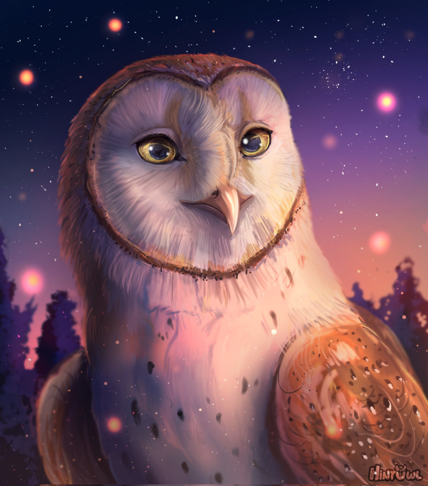 avian barn_owl bird brown_body brown_feathers detailed_background feathers feral guardians_of_ga'hoole hi_res hintowl male masked_owl night owl solo soren_(gogh) tytonid white_body white_feathers yellow_eyes