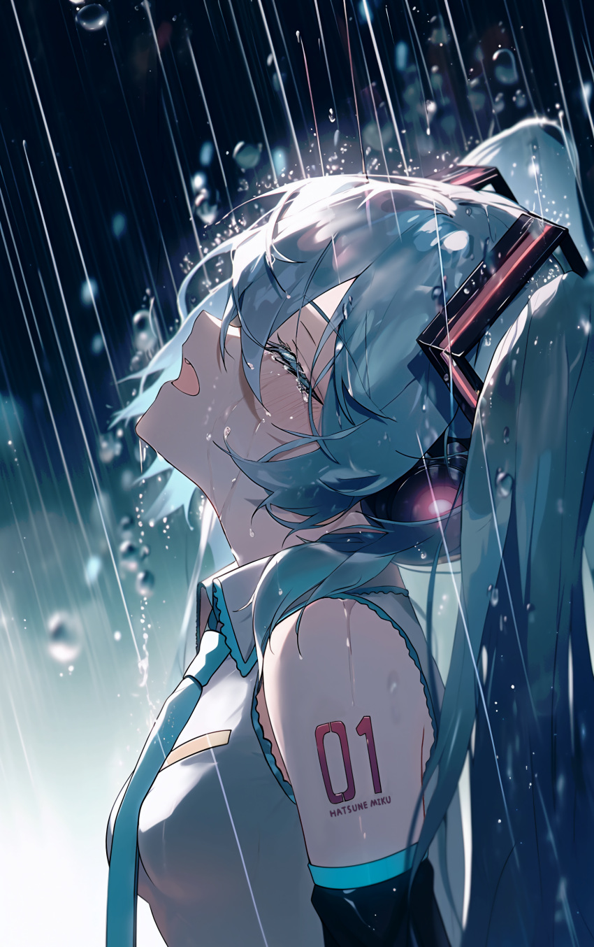 1girl absurdres aqua_hair black_sleeves blue_necktie blue_trim character_name closed_eyes collared_shirt detached_sleeves grey_shirt hair_between_eyes hatsune_miku head_tilt headphones highres long_hair necktie night number_tattoo open_mouth outdoors profile rain shirt shoulder_tattoo sleeveless sleeveless_shirt solo stardust_sjf tattoo tears twintails upper_body very_long_hair vocaloid wing_collar