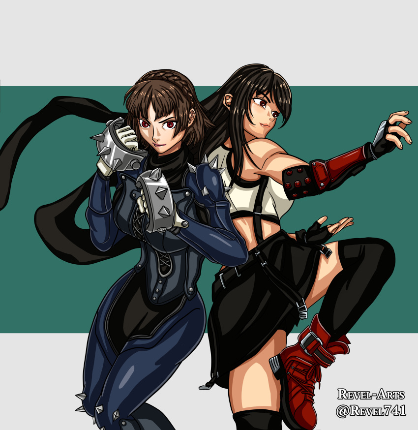 2girls absurdres bare_shoulders biker_clothes bikesuit black_hair black_skirt black_thighhighs bodysuit braid breasts brown_hair clenched_hands closed_mouth cross-laced_clothes cross-laced_footwear crossover crown_braid fighting_stance final_fantasy final_fantasy_vii final_fantasy_vii_remake fingerless_gloves gloves highres leather long_hair long_scarf looking_at_viewer looking_to_the_side medium_breasts multicolored_background multiple_girls navel niijima_makoto persona persona_5 red_eyes red_footwear scarf short_hair shoulder_spikes simple_background single_arm_guard skirt smile spiked_knuckles spikes sports_bra suspender_skirt suspenders swept_bangs tank_top thighhighs tifa_lockhart white_gloves zettai_ryouiki